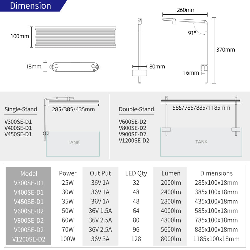 Week Aqua V Series Button Controls RGB+W Full Spectrum Hanging LED Aquarium Light with Pendant Brackets