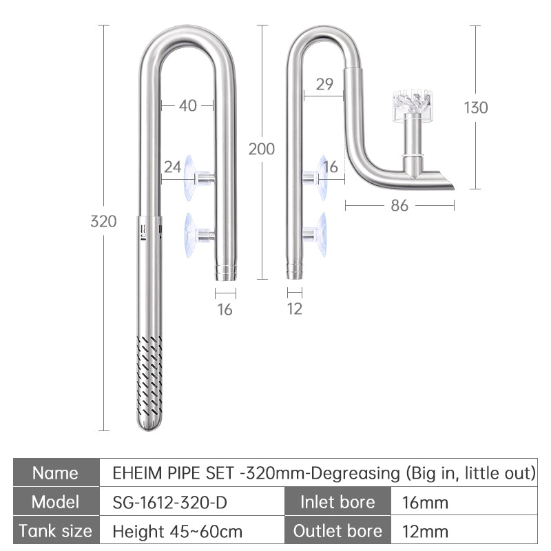 Week Aqua Premium 304 Stainless Steel Inflow Outflow Pipe Set with Built-in Surface Skimmer