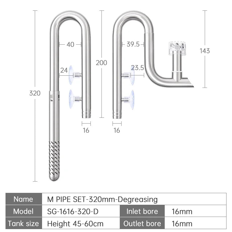 Week Aqua Premium 304 Stainless Steel Inflow Outflow Pipe Set with Built-in Surface Skimmer