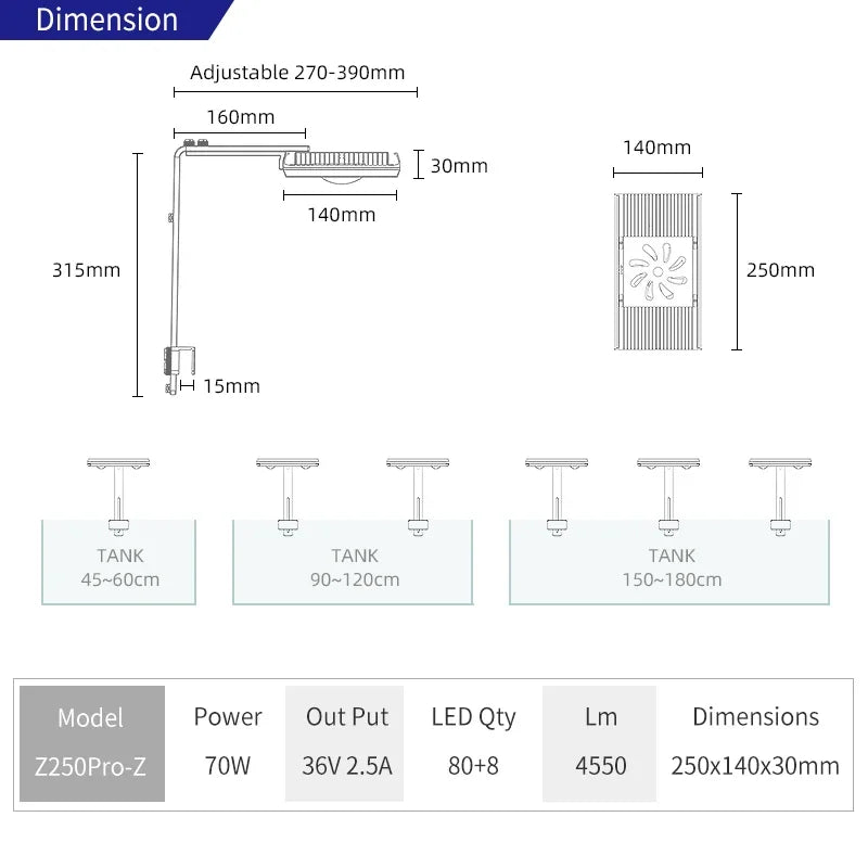 Week Aqua Z250 Pro Smart Full Spectrum LED Aquarium Light for 45-60cm Planted Tanks
