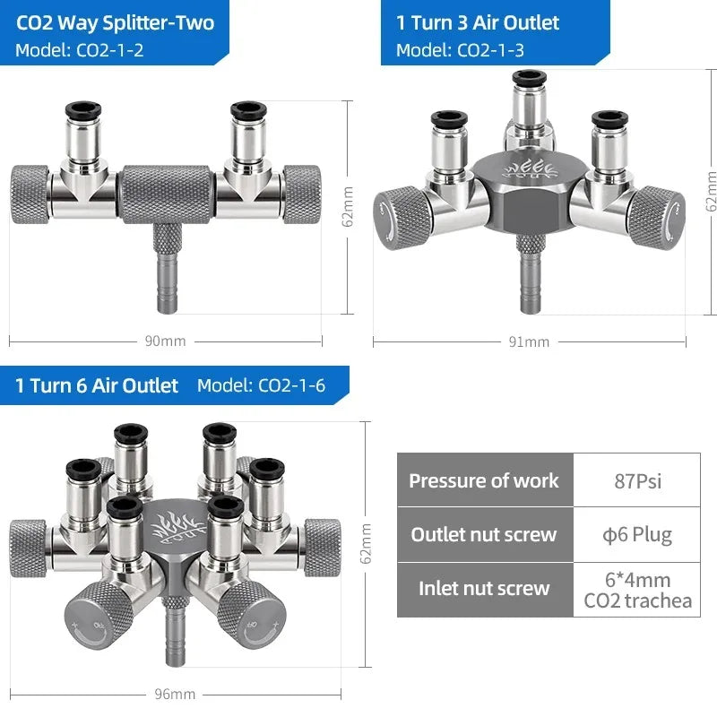 Week Aqua Aquarium CO2 Valve Splitter Multi-Way Distributor Regulator with 2-Way Needle Outlets