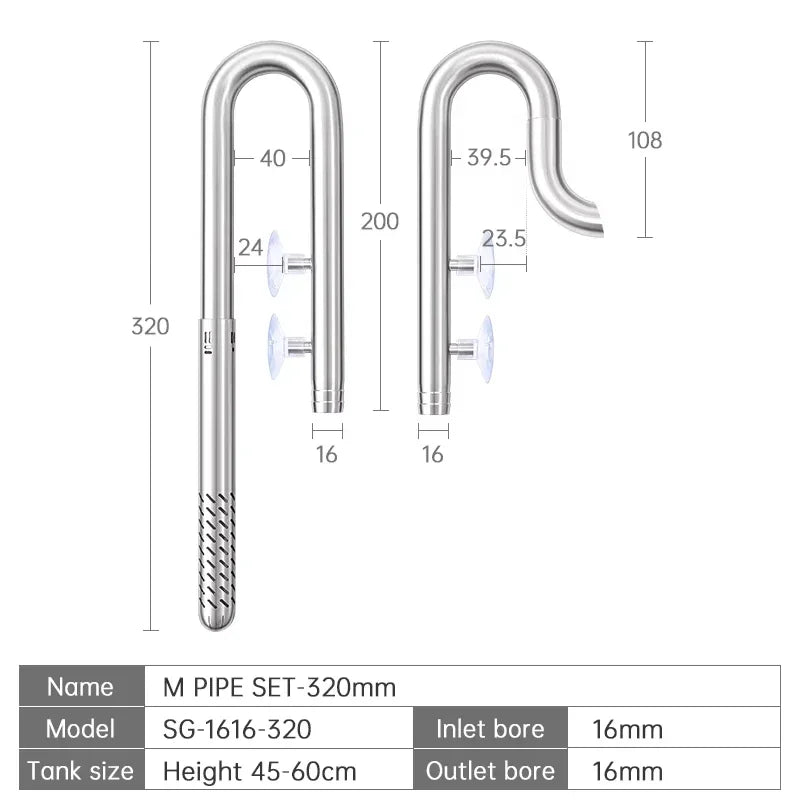 Week Aqua Premium 304 Stainless Steel Inflow Outflow Pipe Set with Built-in Surface Skimmer