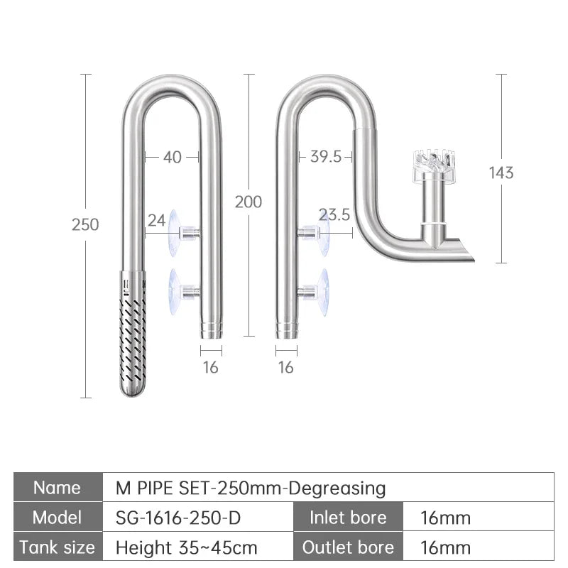 Week Aqua Premium 304 Stainless Steel Inflow Outflow Pipe Set with Built-in Surface Skimmer