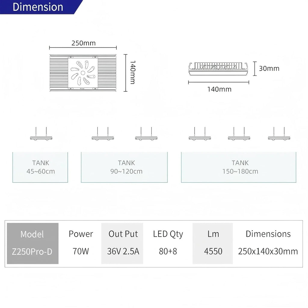 Week Aqua Z250 Pro Smart Full Spectrum LED Aquarium Light for 45-60cm Planted Tanks
