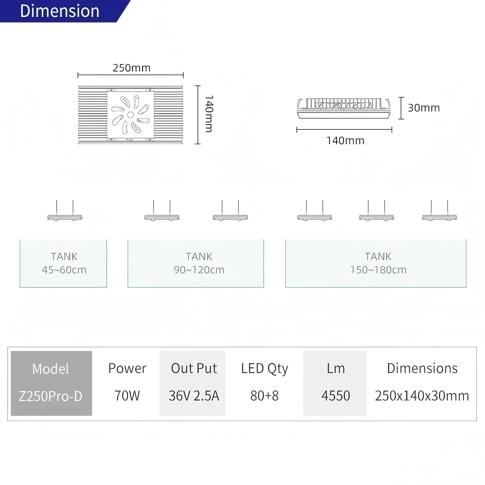Week Aqua Z250 Pro Smart Full Spectrum LED Aquarium Light for 45-60cm Planted Tanks
